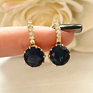 Navy Blue Cubic Zirconia Gold Plated Sparkly Huggie Sleeper Hoop Earrings