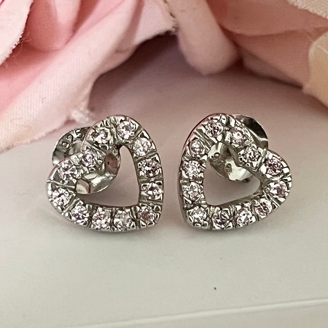 Sparkly Sterling Silver Pink Cubic Zirconia Love Heart Stud Earrings - Etsy