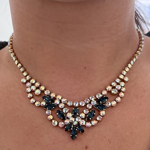 1950s Beautiful Aurora Borealis Blue Diamanté Gold Plated Necklace