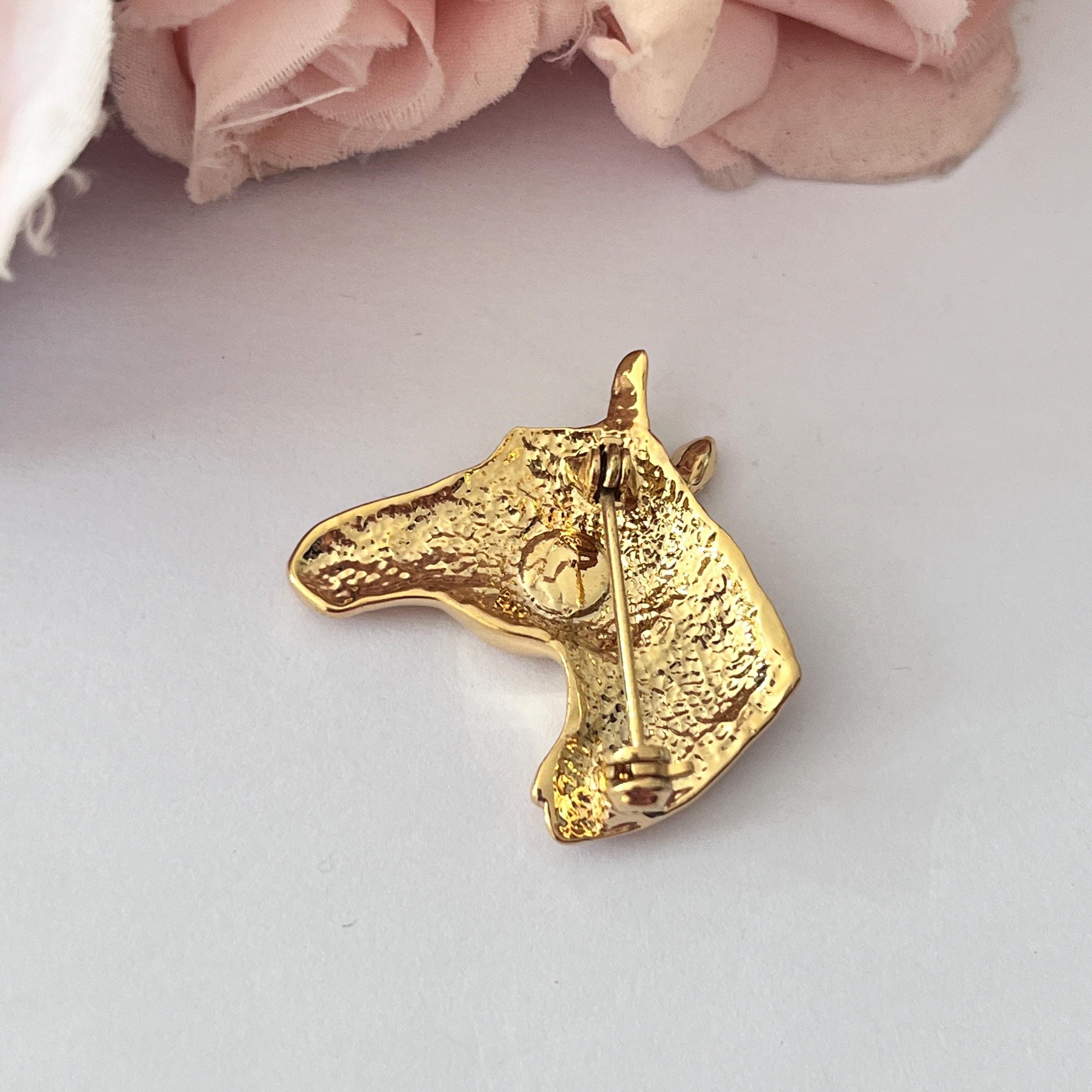 Broche Vintage Tête De Cheval En Cuir - Couleur Gris/Marron - Occasion