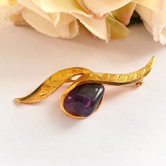 Broche Vintage Plaquée Or Avec Améthyste - Occasion - Bijou Ancien