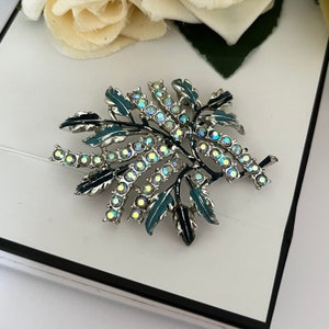 1950s Blue Aurora Borealis Blue Enamel Leaf Brooch