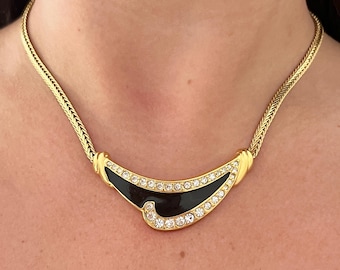 Monet 1980s Gold Plated Black Enamel Diamanté Chain Pendant