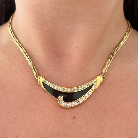 Monet 1980s Gold Plated Black Enamel Diamanté Chain Pendant