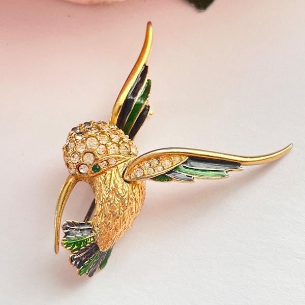 1980s Sphinx Sparkly Gold Plated Hummingbird Green Diamanté Green Enamel Brooch