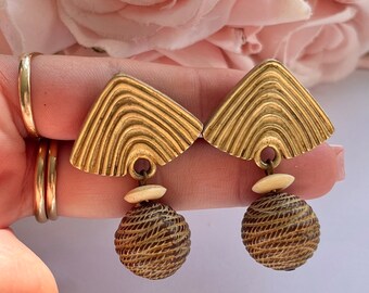 Boucles D'Oreilles Clips Vintage Pierre Lang - Style Haute Couture Années 1990 - Doré & Noir - Occasion TB