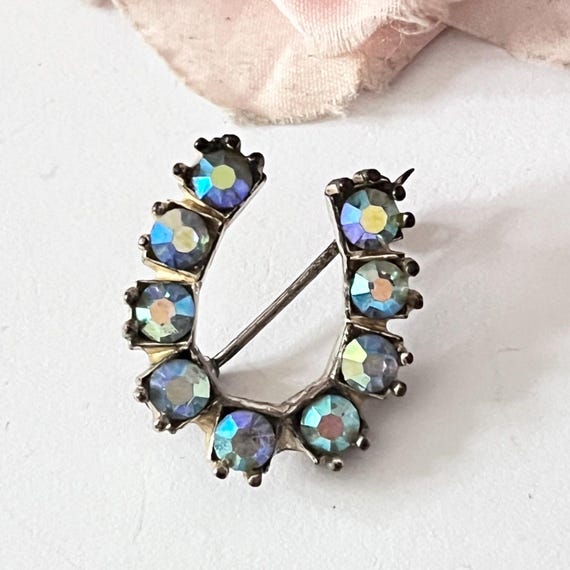 Broche Vintage Fer à Cheval Strass - Porte-bonheur Rétro - Origine France - En Bon état D'occasion