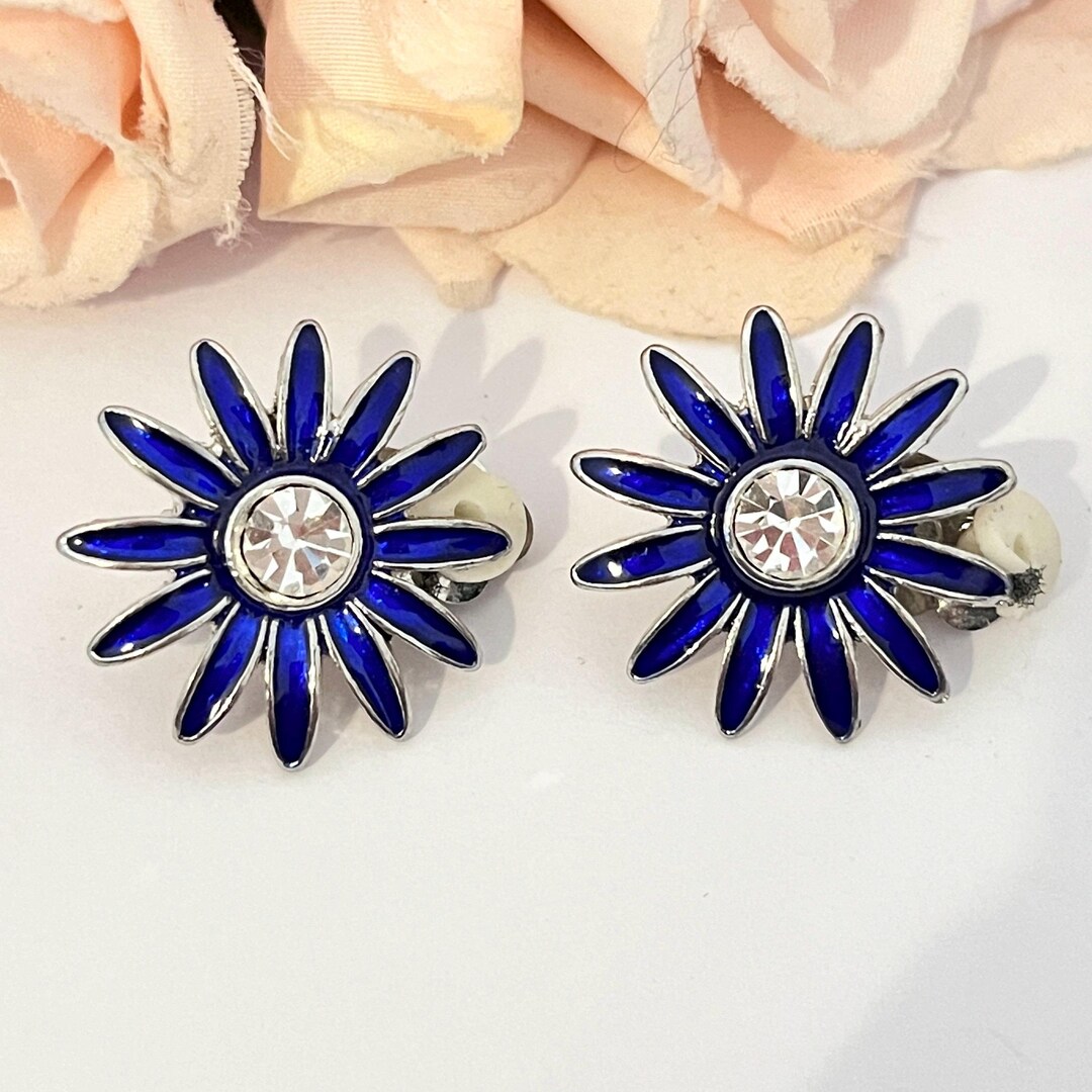 Boucles D'oreilles Clips Vintage Fleur émail Cloisonné - Bijou Ancien 3224