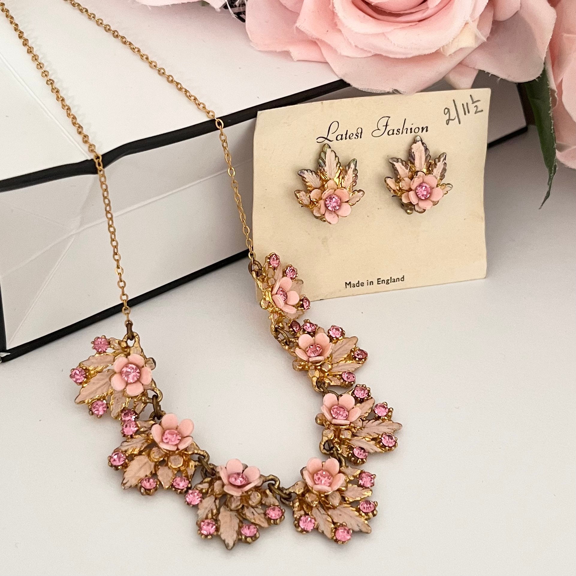 Vintage 1940s Pink Diamanté and Pink Enamel Flower Necklace - Etsy