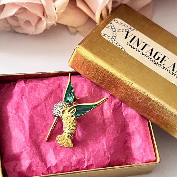 Broche Vintage Colibri En Métal Doré émaillé – Brillant Et Coloré – Oiseau