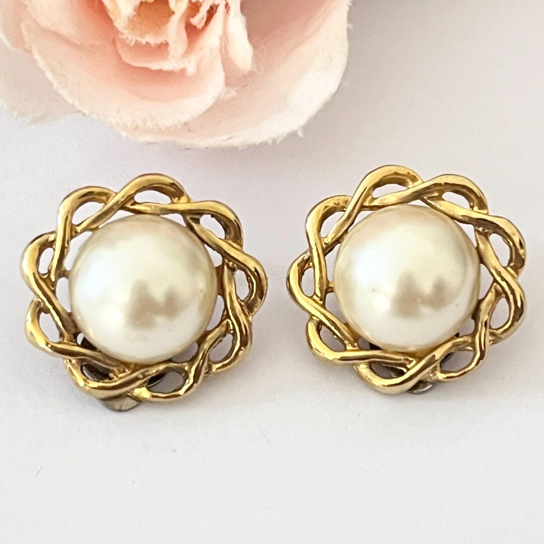 Boucles D'oreilles Vintage Clips Perle – Doré à L'or Fin – Créateur – Paire Ancienne