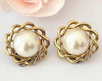 Boucles D'Oreilles Vintage Pince - Anciennes, Perles Roses, Laiton Et Verre