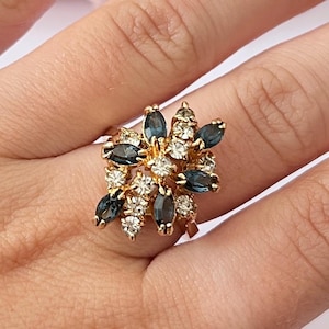 Navy Blue Sparkly Diamanté Gold Plated Statement Cocktail Ring UK Size: L 1/2