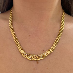1980s Gold Plated Red And Silver Diamanté Statement Chain Necklace