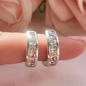 Cubic Zirconia Silver Plated Sparkly Huggie Sleeper Hoop Earrings