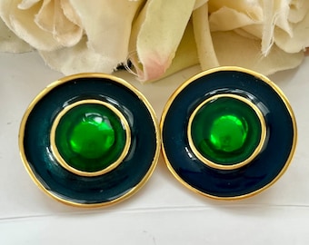 1980s Navy Blue And Green Enamel Gold Plated  Circle Statement Clip On Earrings