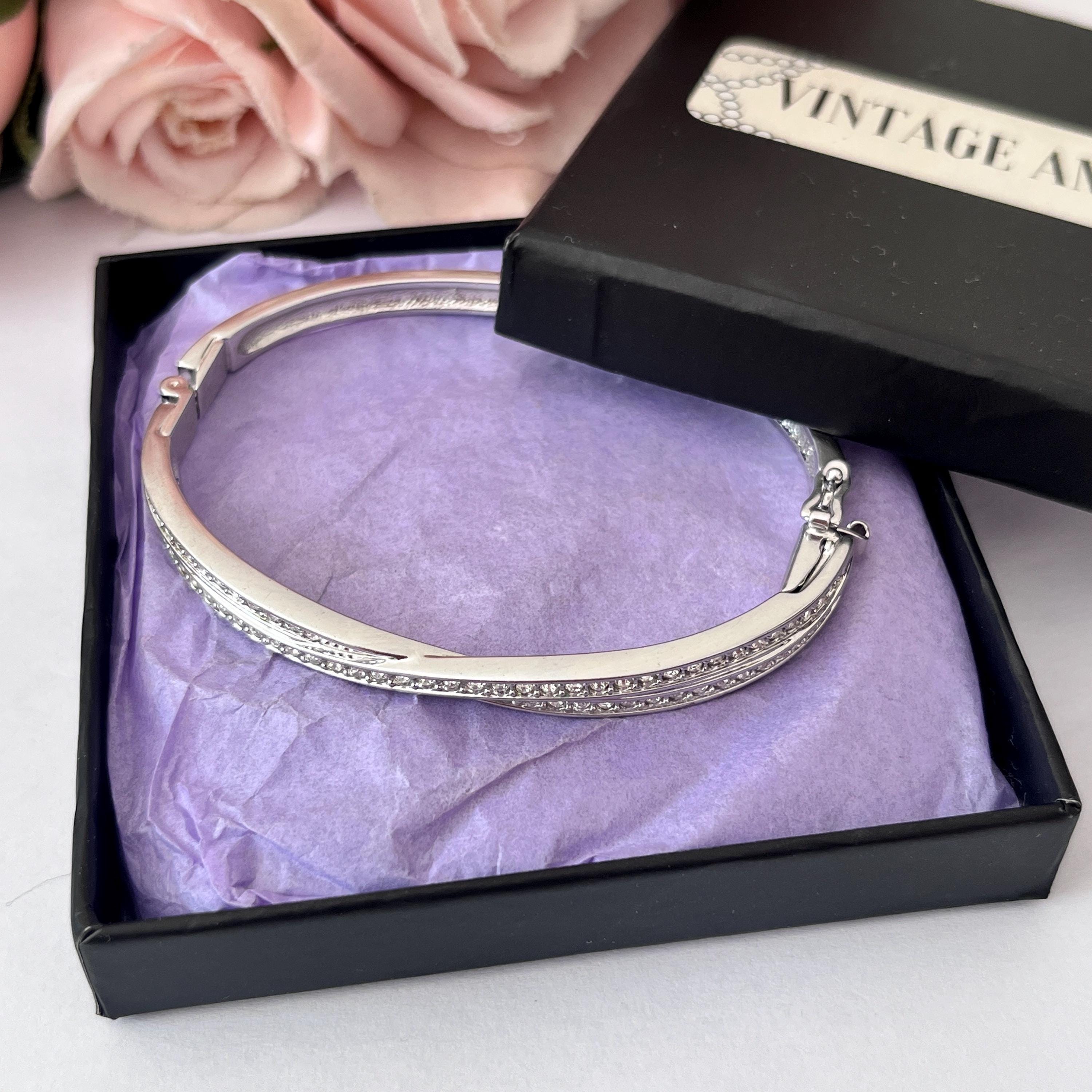 Rare Vintage Swarovski Silver Tone Silver Crystal Bangle Bracelet 