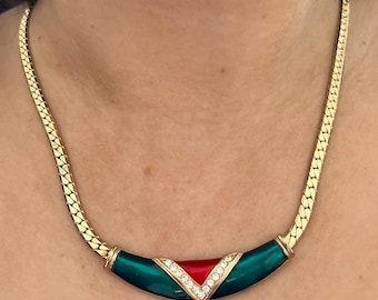 1980s Green And Red Enamel Gold Plated Diamanté Statement Collar Necklace