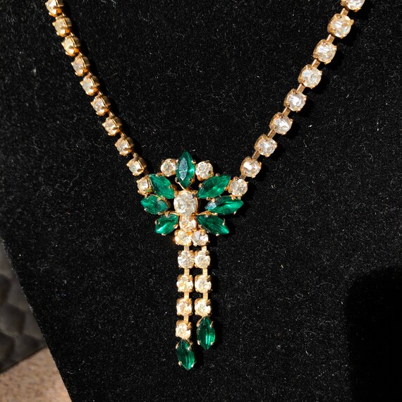 1980s Glamorous Green And Diamanté Flower Pendant… - image 1