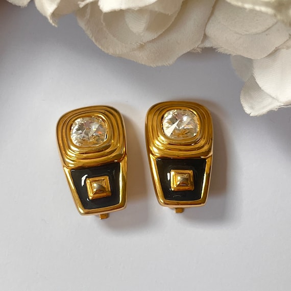Boucles D'Oreilles Vintage à Clips En Émaux Noirs - Alliage - Occasion