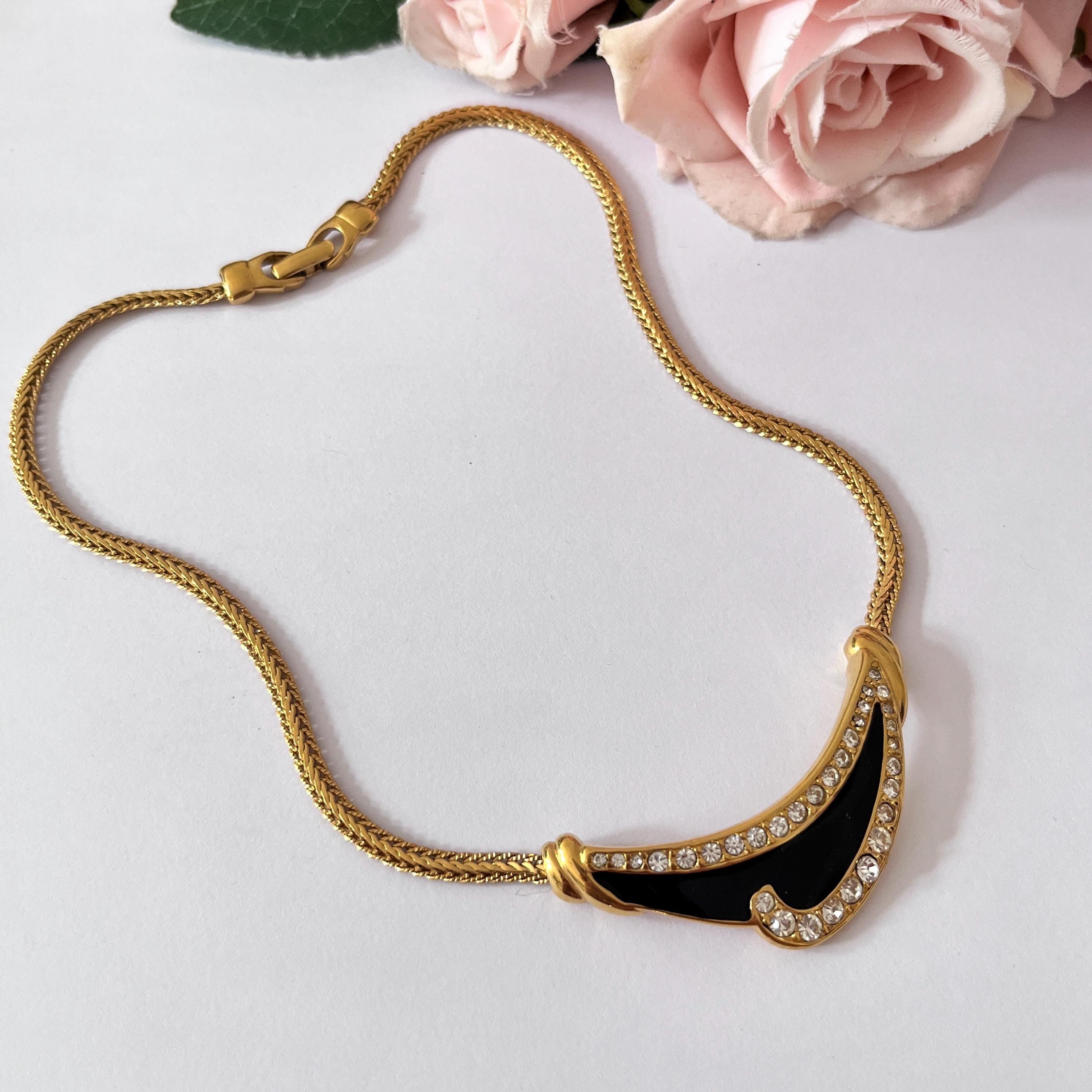 Monet 1980s Gold Plated Black Enamel Diamanté Chain Pendant