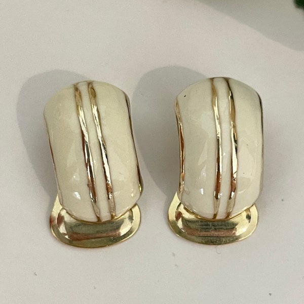 1980s CIRO Cream Enamel Gold Plated Clip On Statement Earrings