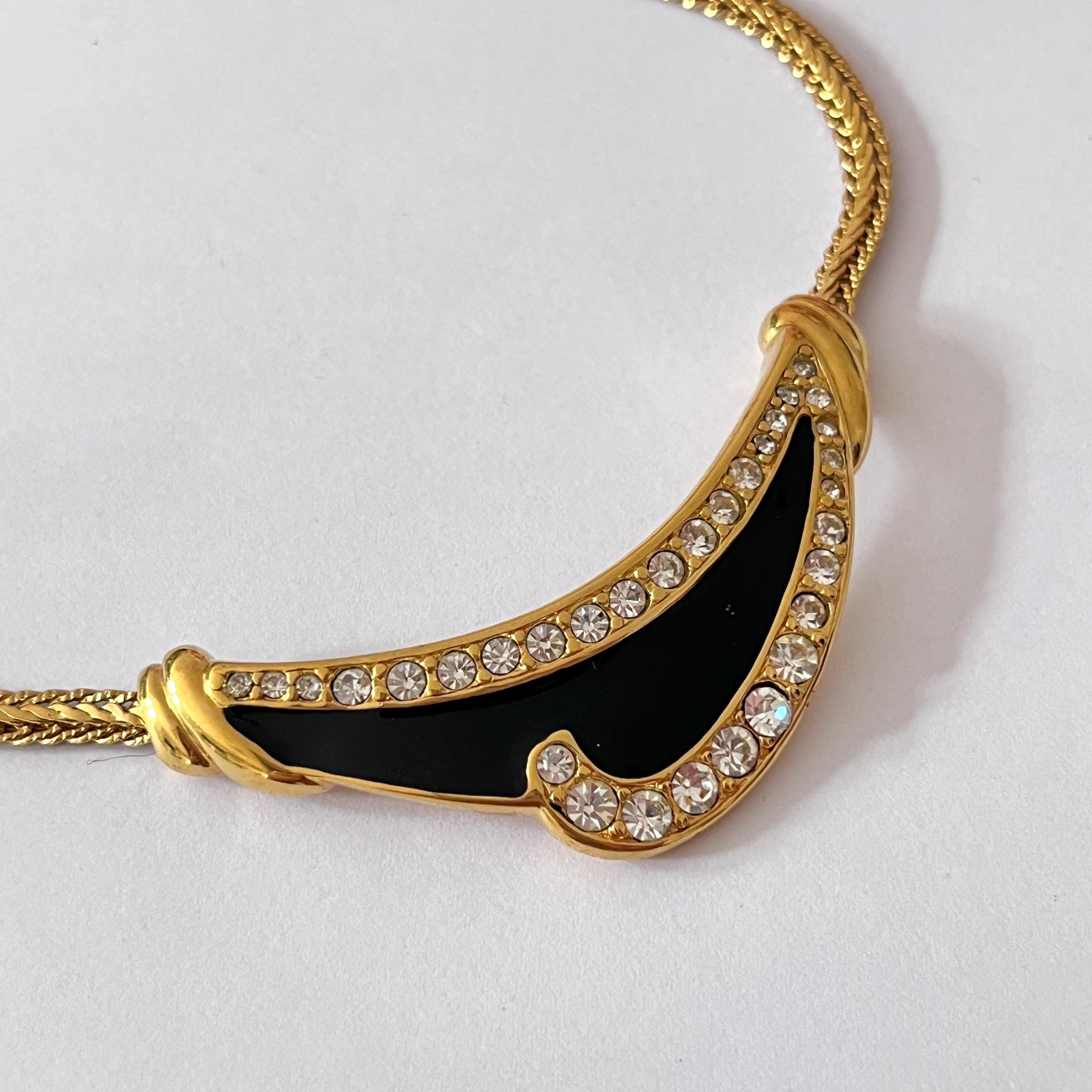 Monet 1980s Gold Plated Black Enamel Diamanté Chain Pendant