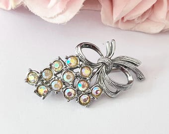 1950s Aurora Borealis Silver Tone Bow Brooch