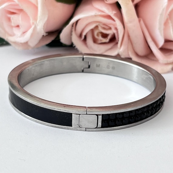 Rare Swarovski Silver Black Crystal Leather Intervalle Bangle