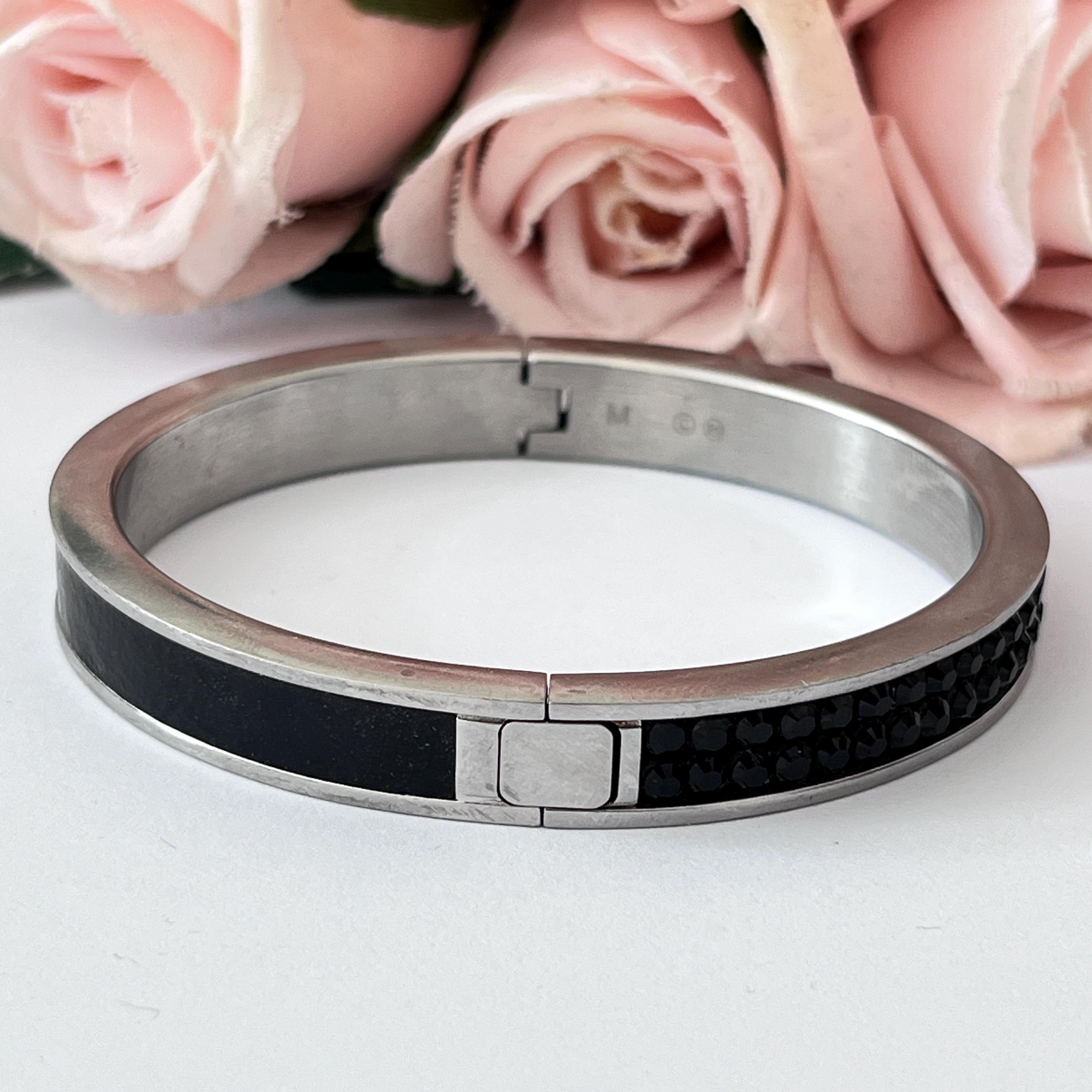 Rare Swarovski Silver Black Crystal Leather Intervalle Bangle