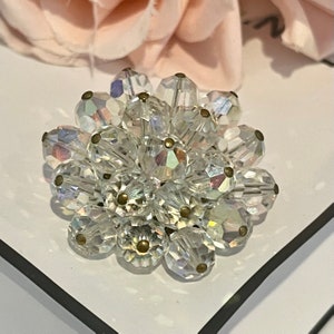 1950s Silver Aurora Borealis Beaded Flower Brooch