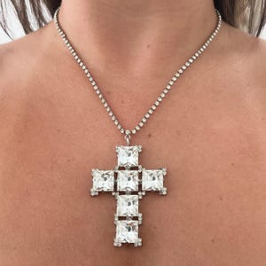 1980s Butler and Wilson Silver Tone Cross Diamanté Pendant Chain Necklace