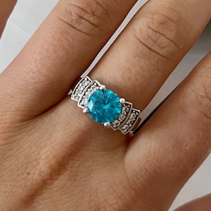 2 Carat Blue Cubic Zirconia Sterling Silver Sparkly Bling Ring Ring UK Size: L