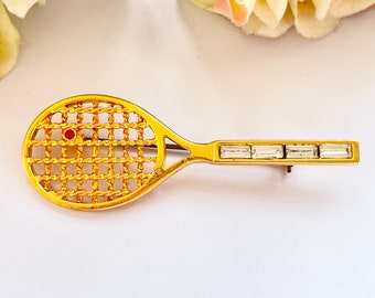 1980s Tennis Red Diamanté Sparkly Gold Plated Brooch