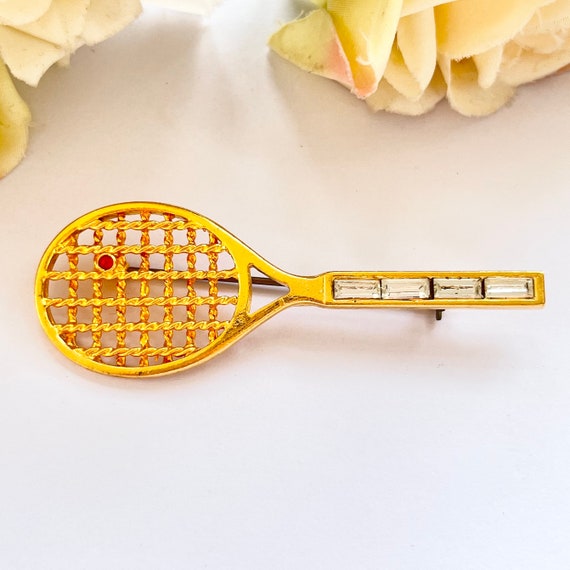 1980s Tennis Red Diamanté Sparkly Gold Plated Bro… - image 1