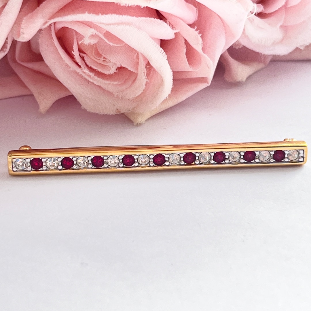 1980s Early Swarovski Gold Plated S.A.L Marked Red Crystal Bar Brooch ...