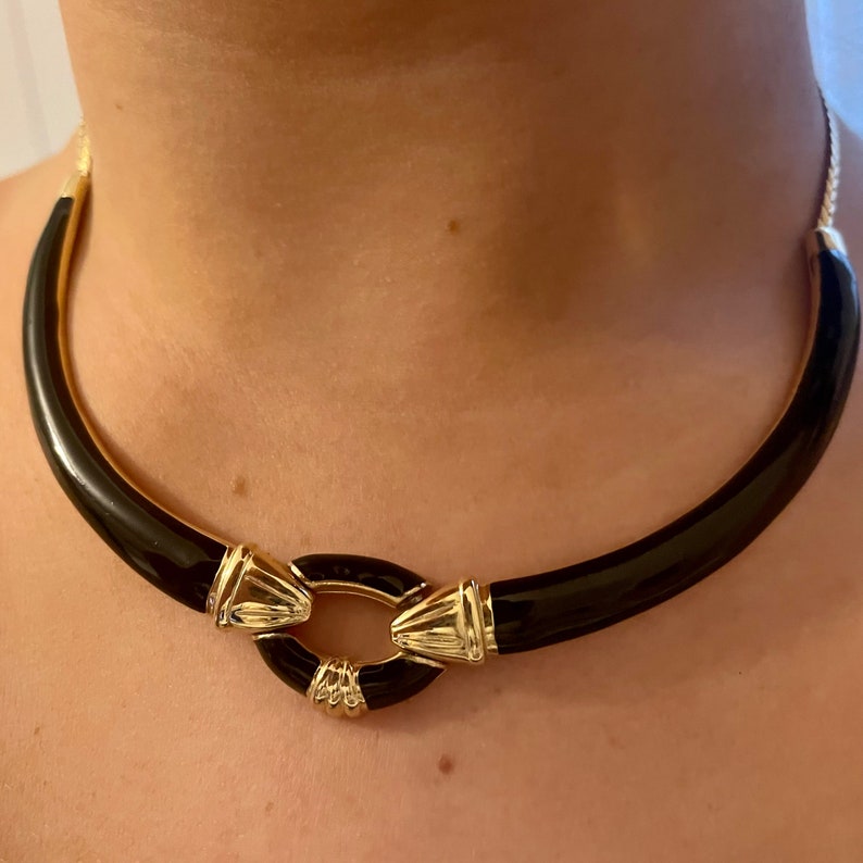 1980s Gilt and Black Enamel Power Dressing Collar Necklace