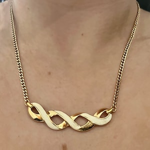 Monet 1980s Gold Plated Cream Enamel Chain Pendant Necklace