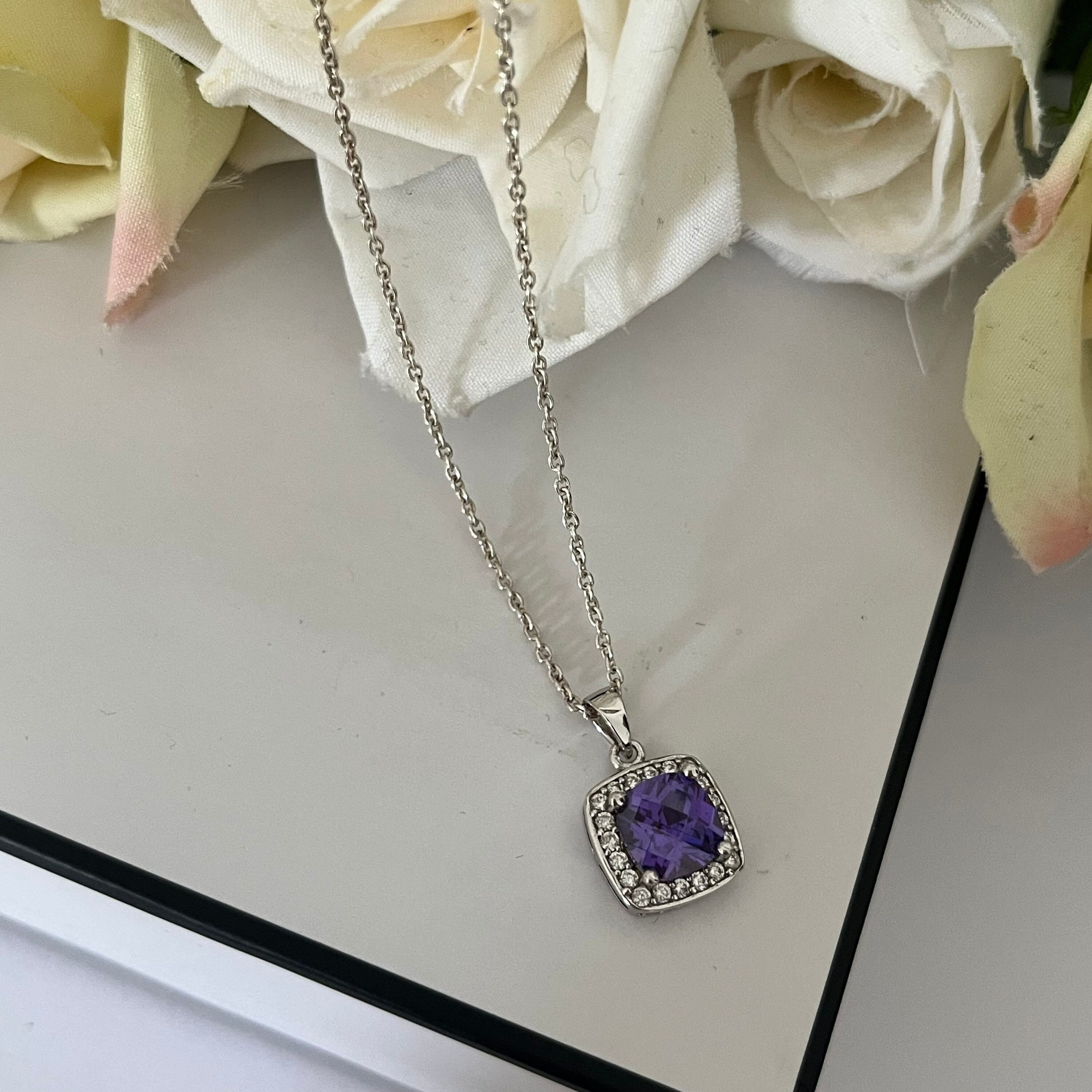 Sterling Silver 925 Purple Halo Cubic Zirconia Sparkly