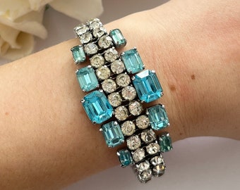 Vintage 1950s Sparkly Baby Blue Diamanté Cuff Bracelet