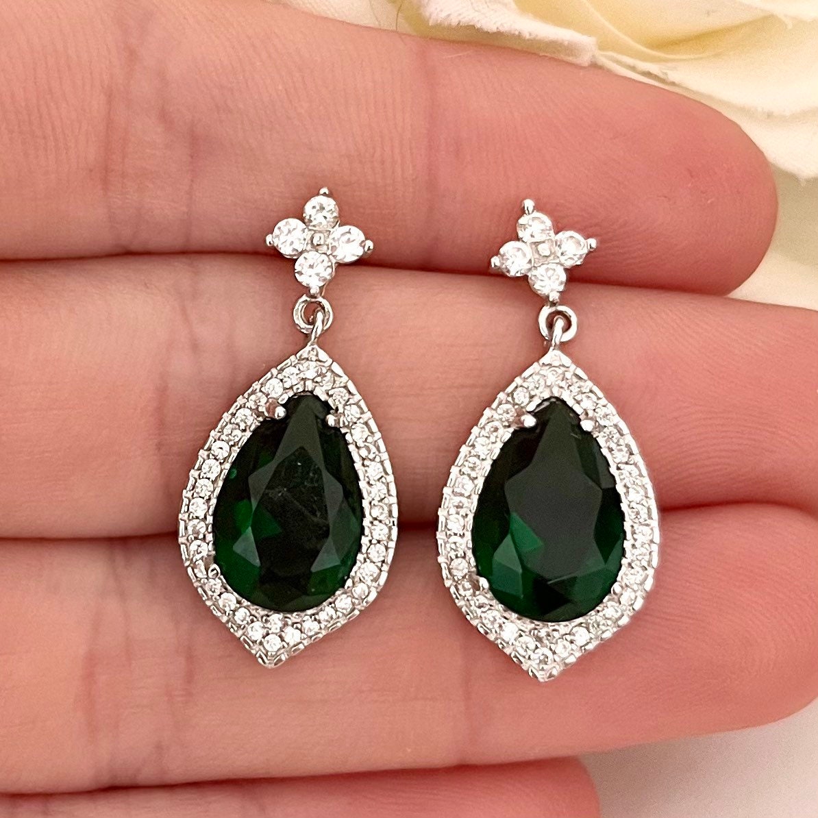 Boucles D'oreilles AAA Cubic Zirconia Plaqué Or Blanc - Vert émeraude, Dormeuses, Qualité Top