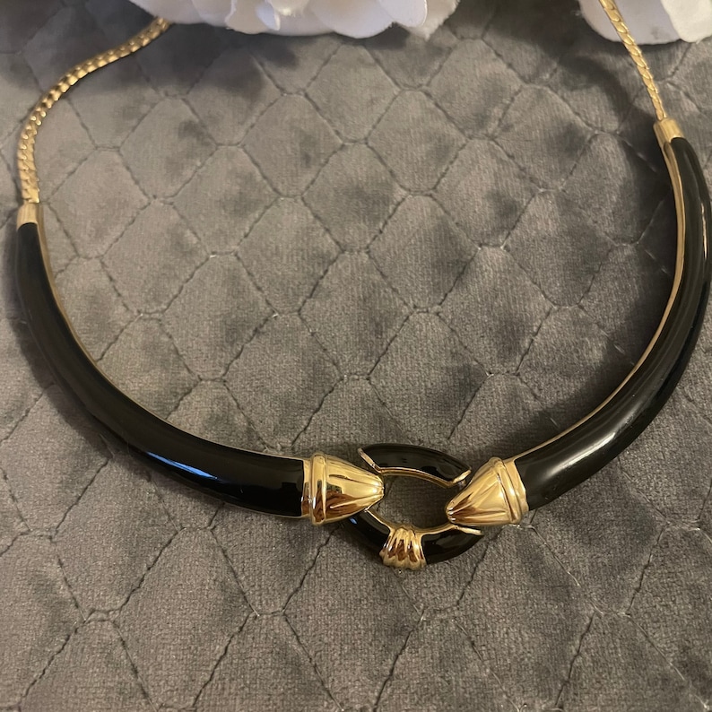 1980s Gilt and Black Enamel Power Dressing Collar Necklace