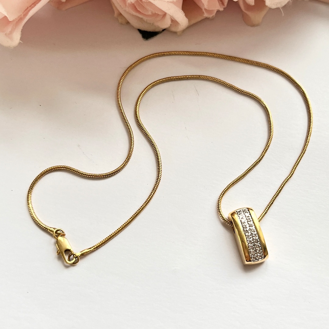 Collier Vintage Chaîne Plate Plaqué Or Avec Strass - Occasion Bon État