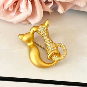 1980s Gold Plated Diamanté Cat Pussycat Kitten Brooch