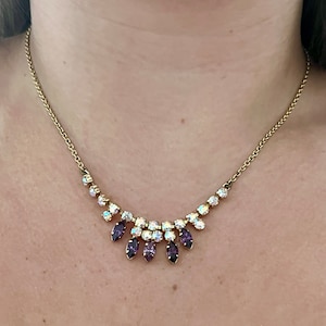 1950s Beautiful Aurora Borealis Gold Plated Purple Diamanté Necklace