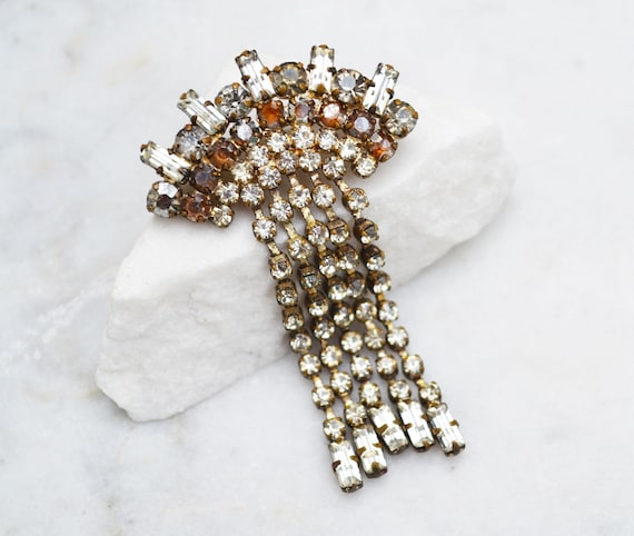 Vintage Rhinestone Dangle Brooch, Silver Tone Statement Pin, 1940s