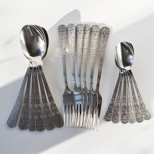 Stainless steel cutlery set, Vintage dinnerware, Soup Spoons, Forks, Tea spoons