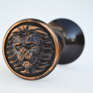 May include: A black and copper door knob with a lion's head design. The lion's head is detailed with a mane and a fierce expression.