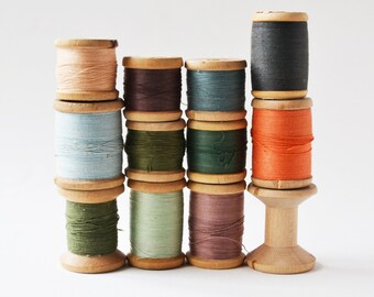 12 pcs  Vintage wooden spools various sizes with thread, Sewing room decor craft supply