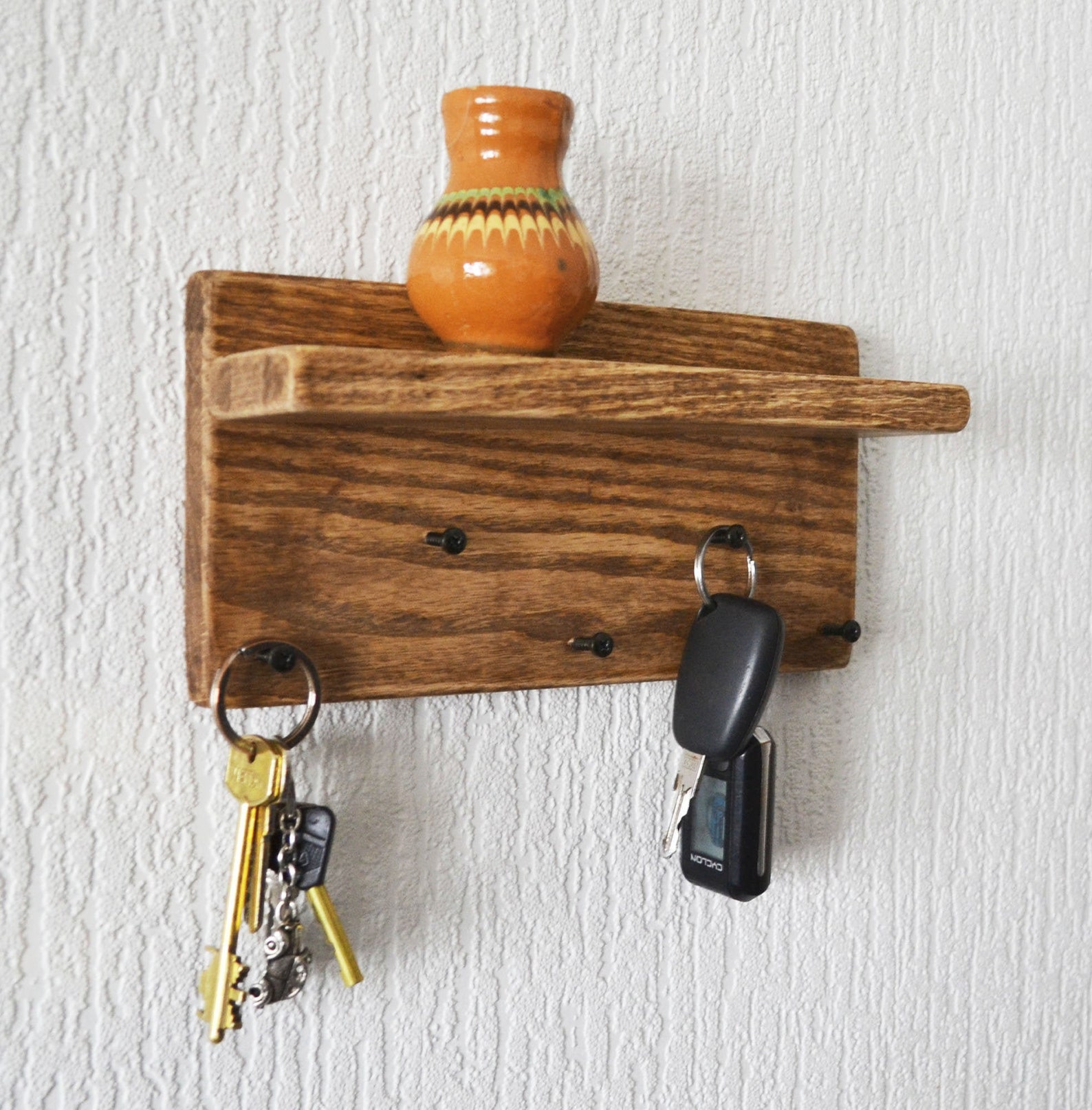 Key holder for wall with shelf Small wooden holder key Etsy